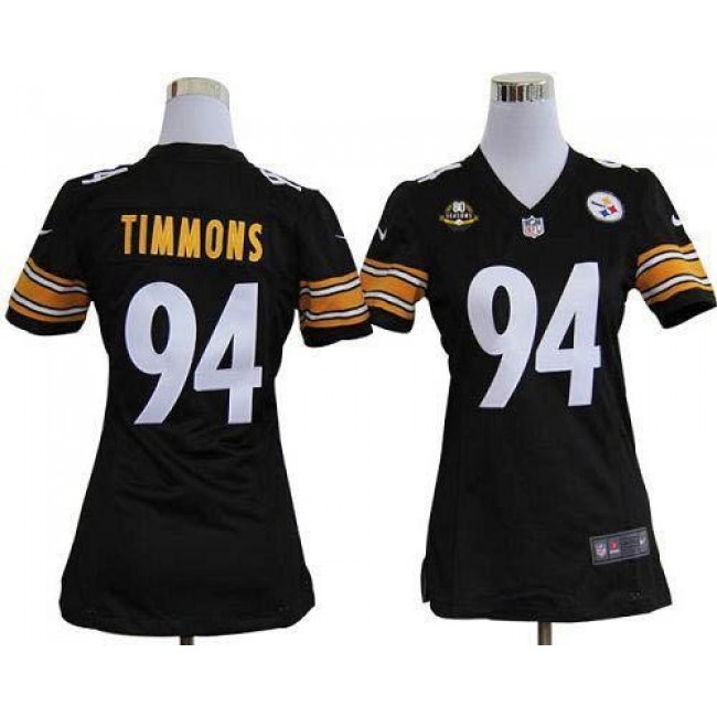 Women's Steelers #94 Lawrence Timmons Black Team Color With 80TH Patch Stitched NFL Elite Jersey