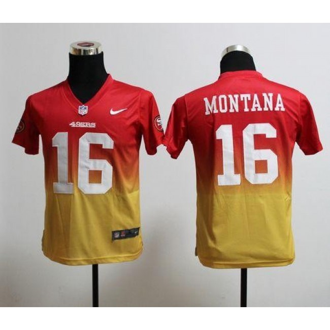 San Francisco 49ers #16 Joe Montana Red-Gold Youth Stitched NFL Elite Fadeaway Fashion Jersey