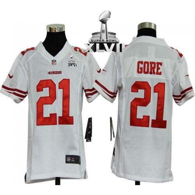 San Francisco 49ers #21 Frank Gore White Super Bowl XLVII Youth Stitched NFL Elite Jersey
