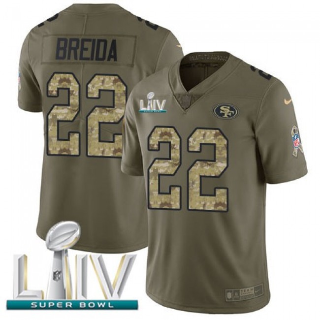 Nike 49ers #22 Matt Breida Olive/Camo Super Bowl LIV 2020 Men's Stitched NFL Limited 2017 Salute To Service Jersey