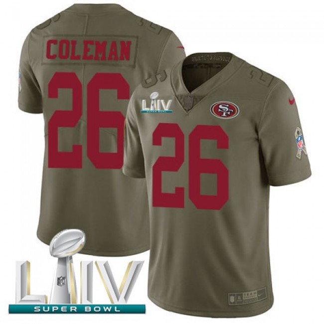 Nike 49ers #26 Tevin Coleman Olive Super Bowl LIV 2020 Men's Stitched NFL Limited 2017 Salute To Service Jersey
