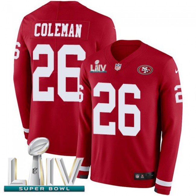 Nike 49ers #26 Tevin Coleman Red Super Bowl LIV 2020 Team Color Men's Stitched NFL Limited Therma Long Sleeve Jersey