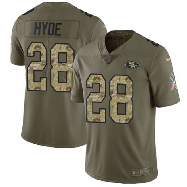 San Francisco 49ers #28 Carlos Hyde Olive-Camo Youth Stitched NFL Limited 2017 Salute to Service Jersey
