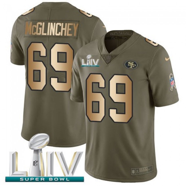 Nike 49ers #69 Mike McGlinchey Olive/Gold Super Bowl LIV 2020 Men's Stitched NFL Limited 2017 Salute To Service Jersey