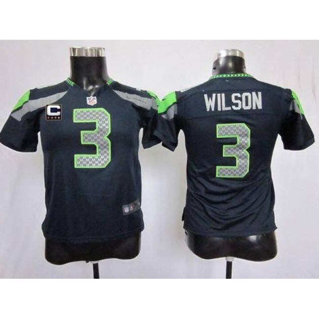 Seattle Seahawks #3 Russell Wilson Steel Blue Team Color With C Patch Youth Stitched NFL Elite Jersey