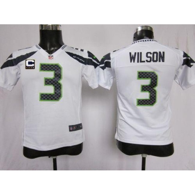 Seattle Seahawks #3 Russell Wilson White With C Patch Youth Stitched NFL Elite Jersey
