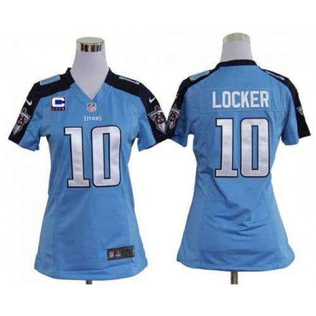 Women's Titans #10 Jake Locker Light Blue Team Color With C Patch Stitched NFL Elite Jersey