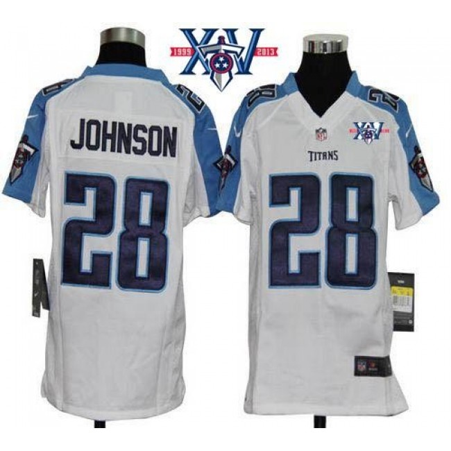 Tennessee Titans #28 Chris Johnson White With 15th Season Patch Youth Stitched NFL Elite Jersey