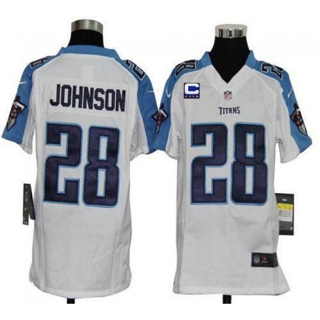 Tennessee Titans #28 Chris Johnson White With C Patch Youth Stitched NFL Elite Jersey