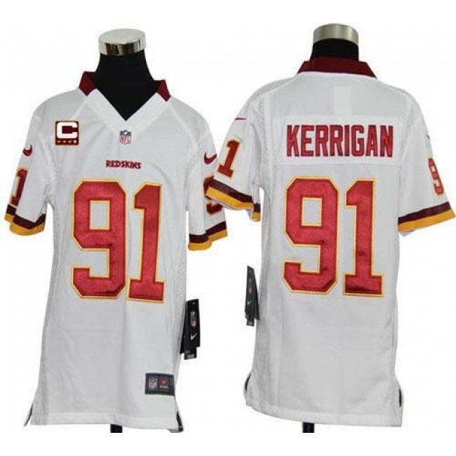 Washington Redskins #91 Ryan Kerrigan White With C Patch Youth Stitched NFL Elite Jersey